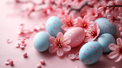 Fototapeta premium Easter eggs grow on flowering branches. Easter card in pink and blue colors.