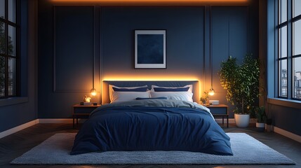 Cozy dark blue bedroom featuring home mockup on a stylish accent wall Modern decor and warm lighting create a peaceful retreat 3D render highlighting the inviting atmosphere of the space