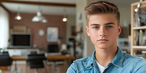 Fototapeta premium A young man with neat hair poses in a contemporary living space. The room features natural light, elegant furniture, and a relaxed atmosphere, ideal for an inviting home