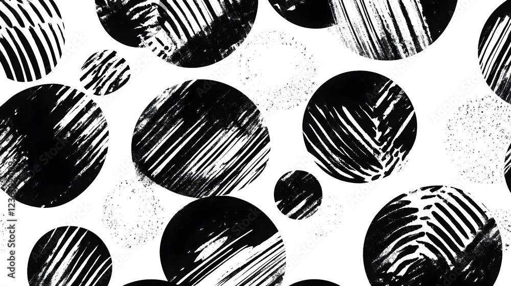 Poster Abstract geometric black and white pattern with overlapping circular shapes brush strokes and speckled textures  Minimalist and modern design template with visual interest and contrast