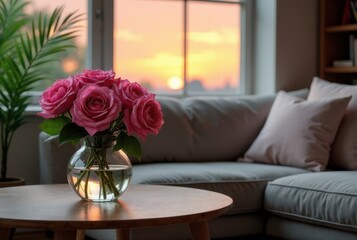 Naklejka premium Pink roses in a glass vase on a coffee table, bathed in the warm glow of a sunset viewed through a large window, complementing a comfortable sofa in a serene living space.