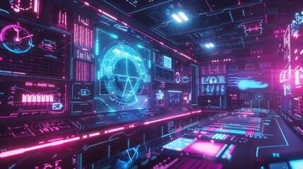 Futuristic Control Room with Digital Interfaces