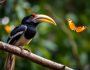 Obraz premium Rufous-necked Hornbill and Butterfly in Lush Green Foliage