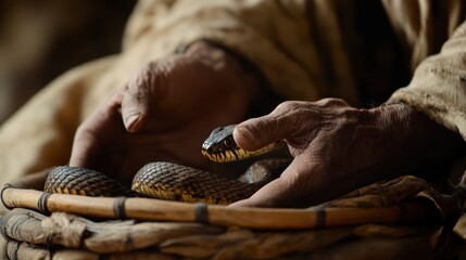 Fototapeta premium Human hands holding a snake with intricate patterns in natural light