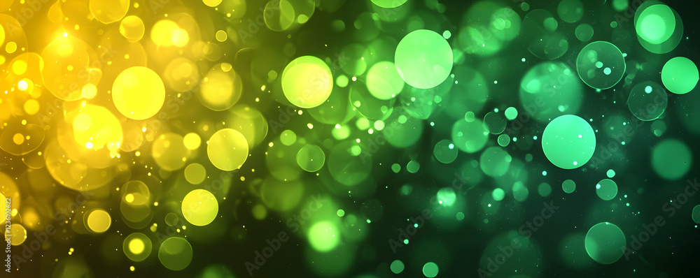 Poster vibrant bokeh background with green and yellow circular lights for design use