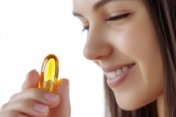 Fototapeta premium A smiling woman holds a vitamin pill in her hand, ready for use