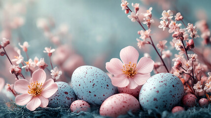 Obraz premium Easter eggs grow on flowering branches. Easter card in pink and blue colors.