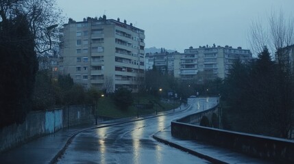 Obraz premium Rainy city street, apartment buildings, dusk, urban landscape, film still