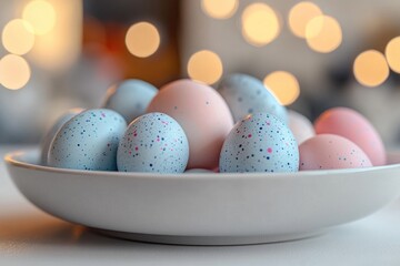 Fototapeta premium A white ceramic bowl filled with blue and pink eggs