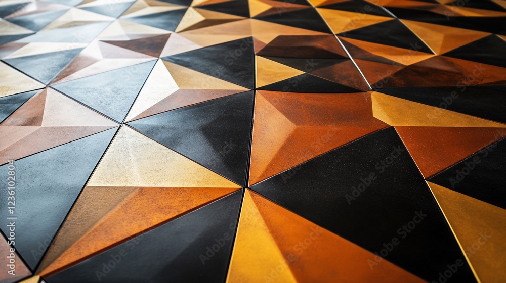 Poster abstract geometric tile pattern with brown black and gold triangular designs creating a textured sur