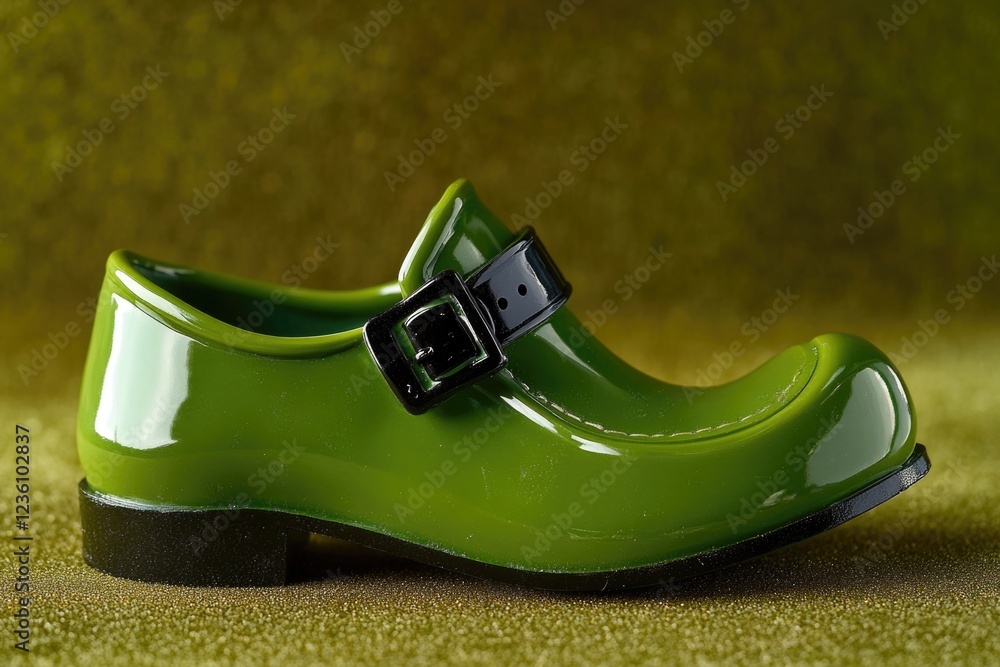 Poster a single green shoe with a distinctive black buckle, perfect for adding a pop of color to your compo