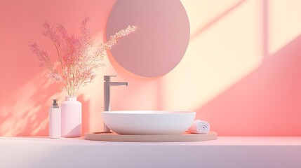 White washbasin in bathroom with accessories on tray isolated on a colorful background