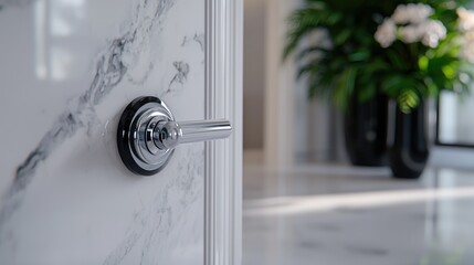 Modern chrome door handle, marble wall, luxury interior