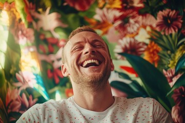 A man enjoying himself in front of a colorful floral arrangement