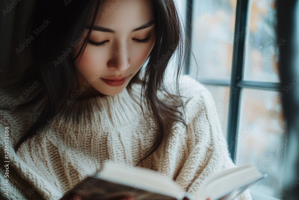 Poster a person reading a book by an open window with natural light