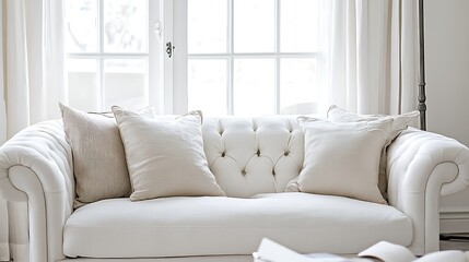 Fototapeta premium White furniture that is elegant and includes silk pillows
