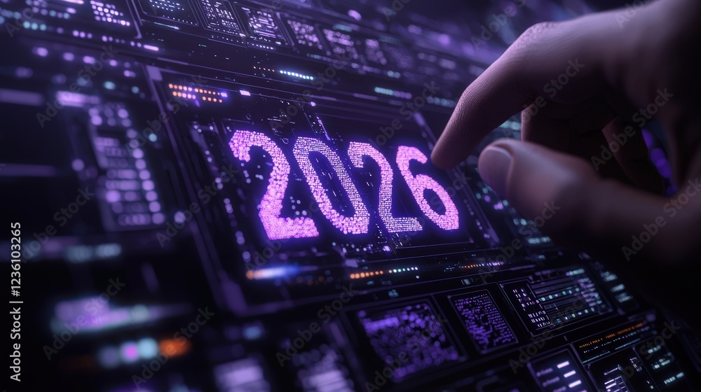 Poster hand adjusting digital display with glowing holographic numbers representing future year 2026 in fut