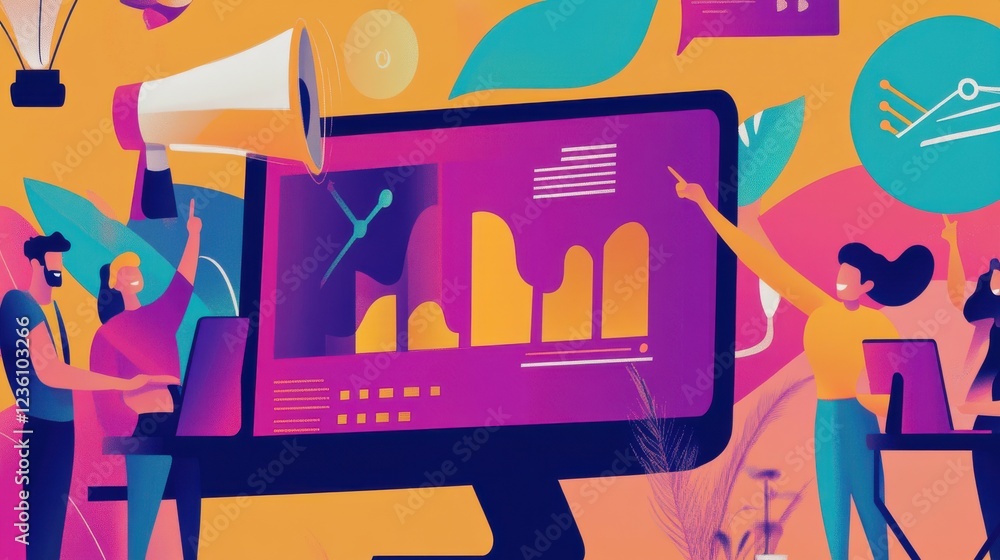 Poster vibrant digital workspace with data visualization and team collaboration