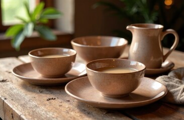 rustic ceramic cups and plates on wooden table in sunlight, with greenery in background. cozy kitchen setting, home decor inspiration, tea ceremony, lifestyle.