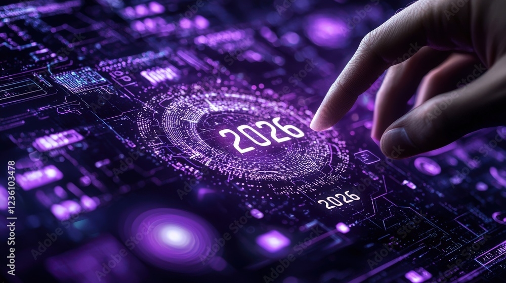 Poster digital hand adjusting glowing holographic interface with year 2026 in futuristic design