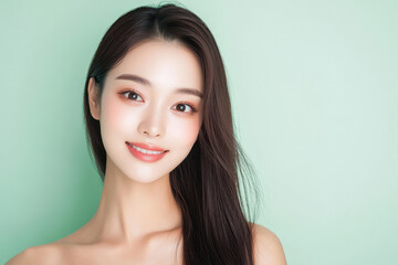 A smiling portrait of an asian woman with long hair against a soft green background, exuding beauty and confidence.