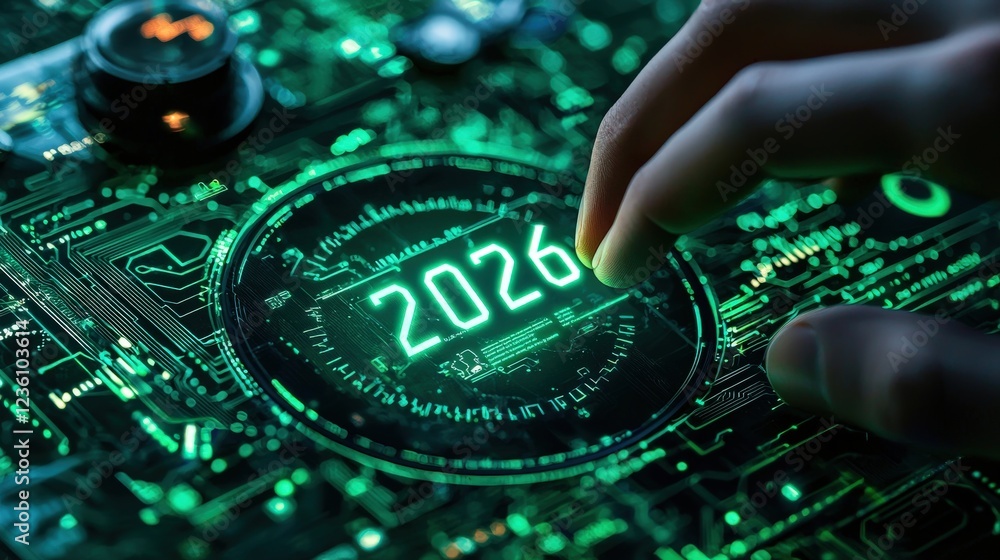 Aufkleber glowing holographic display with hand adjusting digital numbers in a futuristic setting