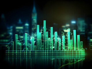 Fototapeta premium Glowing Green Stock Market Graph with a Futuristic City Background