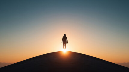 A solitary figure stands atop a hill at sunrise, symbolizing solitude, peace, and new beginnings under a vibrant sky.
