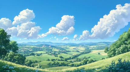 Naklejka premium A serene landscape featuring rolling hills, lush greenery, and a bright blue sky with clouds.