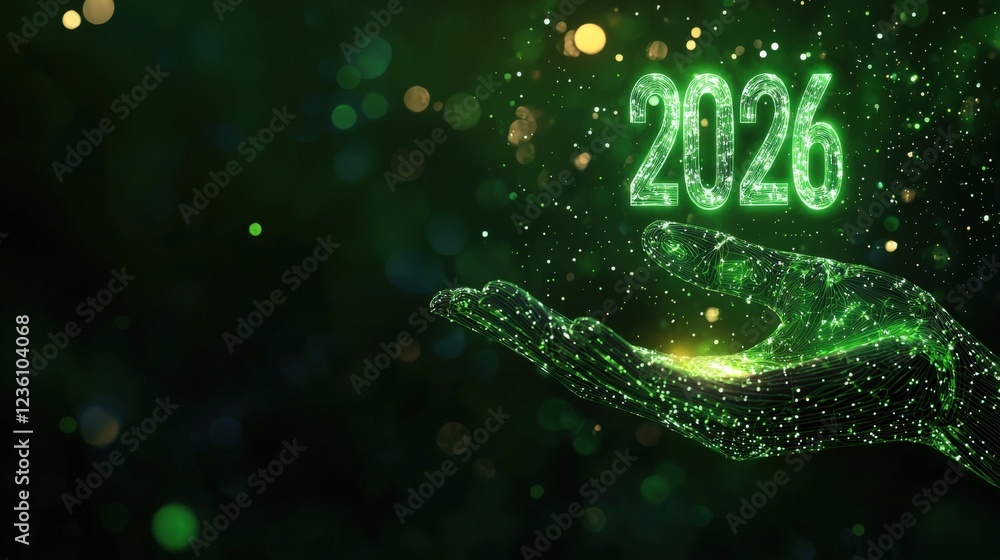 Poster futuristic digital hand with glowing holographic numbers displaying the year 2026 in a sparkling gre