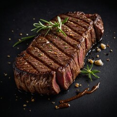 A thick, juicy New York strip steak with grill marks, resting on a pure black backdrop.