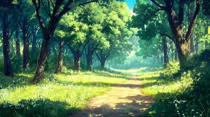 Obraz premium Serene forest pathway surrounded by lush greenery and vibrant flora