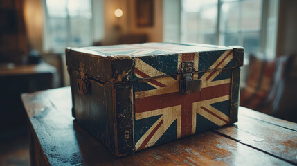 A ballot box stands prominently in the foreground, surrounded by the Union Jack flag. This setup signifies the importance of voting in the UK democratic system, promoting civic engagement