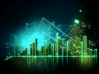 Fototapeta premium Glowing Green Stock Market Graph with a Futuristic City Background