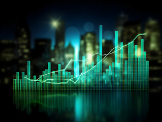 Naklejka premium Glowing Green Stock Market Graph with a Futuristic City Background