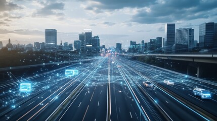 Fototapeta premium Futuristic highway with connected car data and a city skyline at sunset showing technology