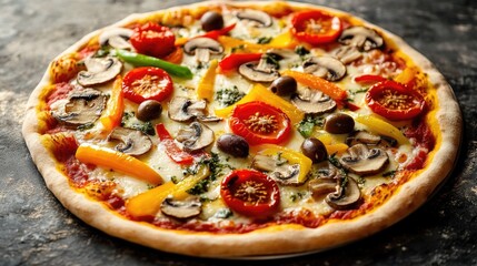 A delicious homemade pizza topped with juicy tomatoes, savory mushrooms, and crunchy peppers