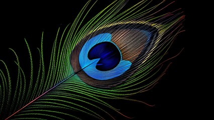 Close-Up of a Single Vibrant Peacock Feather on a Black Background
