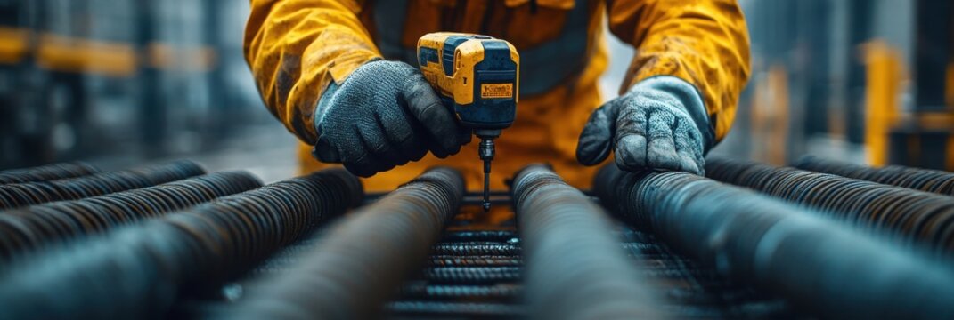 A worker in a yellow jacket uses a power tool to secure pipes in a workshop, highlighting industrial craftsmanship and safety.