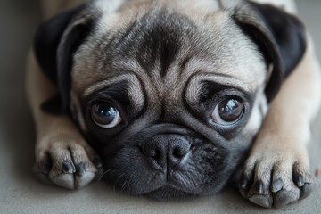A pug dog resting on the floor with its head on its paws, a moment of relaxation