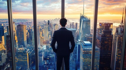 Fototapeta premium Businessman Looking at City Skyline During Sunset from Office Window