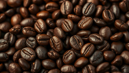 Naklejka premium A macro shot of dark roasted coffee beans with a glossy texture, showcasing their rich and flavorful details, perfect for use in coffee-related designs and advertisements.