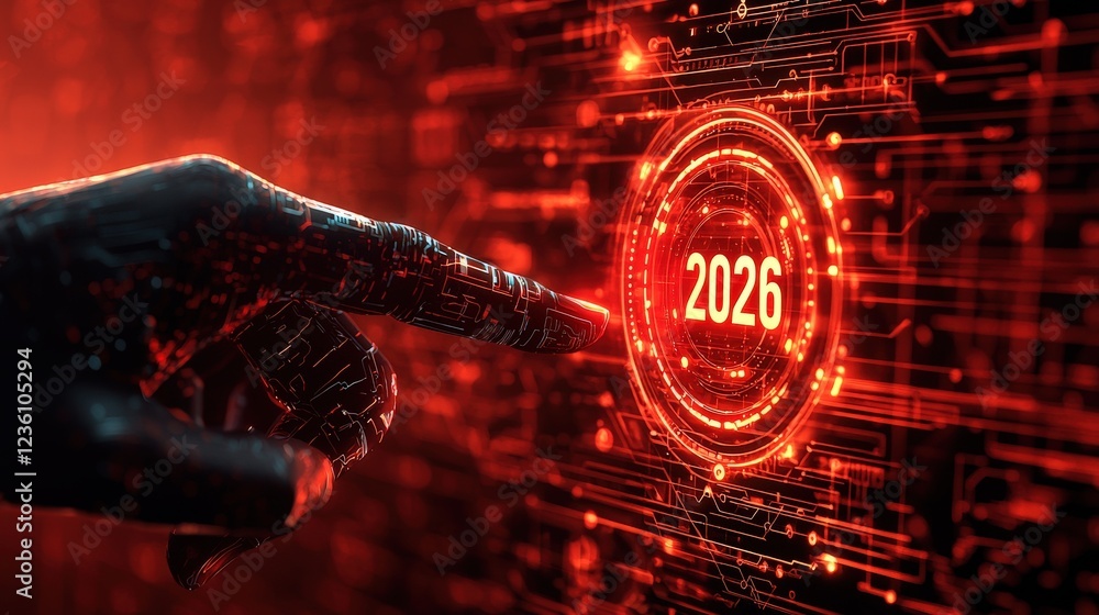 Poster futuristic hand swiping on a holographic digital display with glowing numbers in a cybernetic enviro