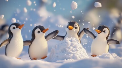 Fototapeta premium Playful Penguins Enjoying Snowy Winter Day in a Snowy Landscape