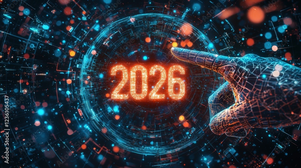 Aufkleber digital hand pointing at glowing holographic number 2026 in a futuristic data visualization environm