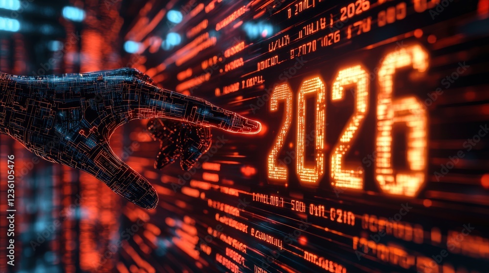 Aufkleber futuristic digital interface with holographic hand swiping towards glowing numbers in a high-tech en