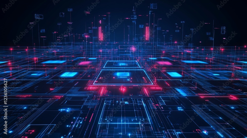 Poster abstract futuristic digital grid landscape with data processing, blue and red glow