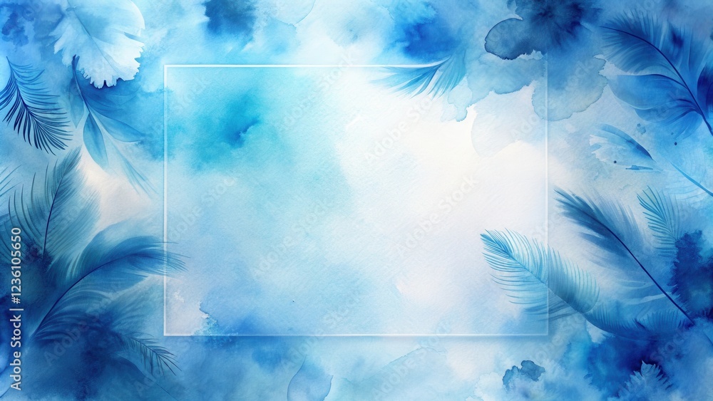 Poster Abstract Watercolor Background with Delicate Blue Floral Motifs and a Rectangular Frame for Text or Design