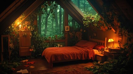 Fototapeta premium Forest attic bedroom, plants, rain, window, cozy