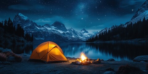 Campfire Flickering by Tent at High Altitude Campsite Under a Starry Night Sky with Mountains in Background and Reflections on Water